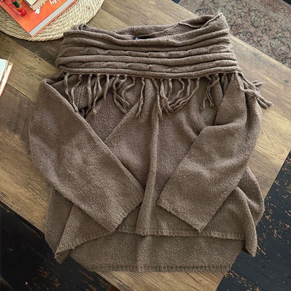 New Directions Brown Fringe Off The Shoulder Sweater